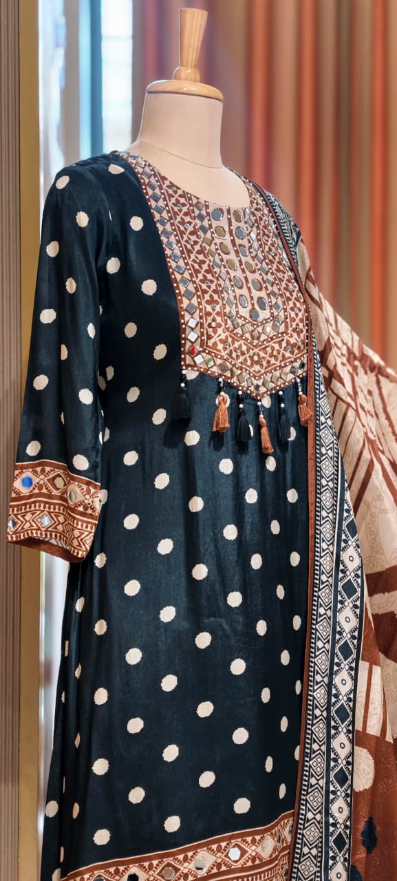 Boho Chich Tribal Inspired Multicolor Print Crepe Full Suit Set With Dupatta- 15417, 15120