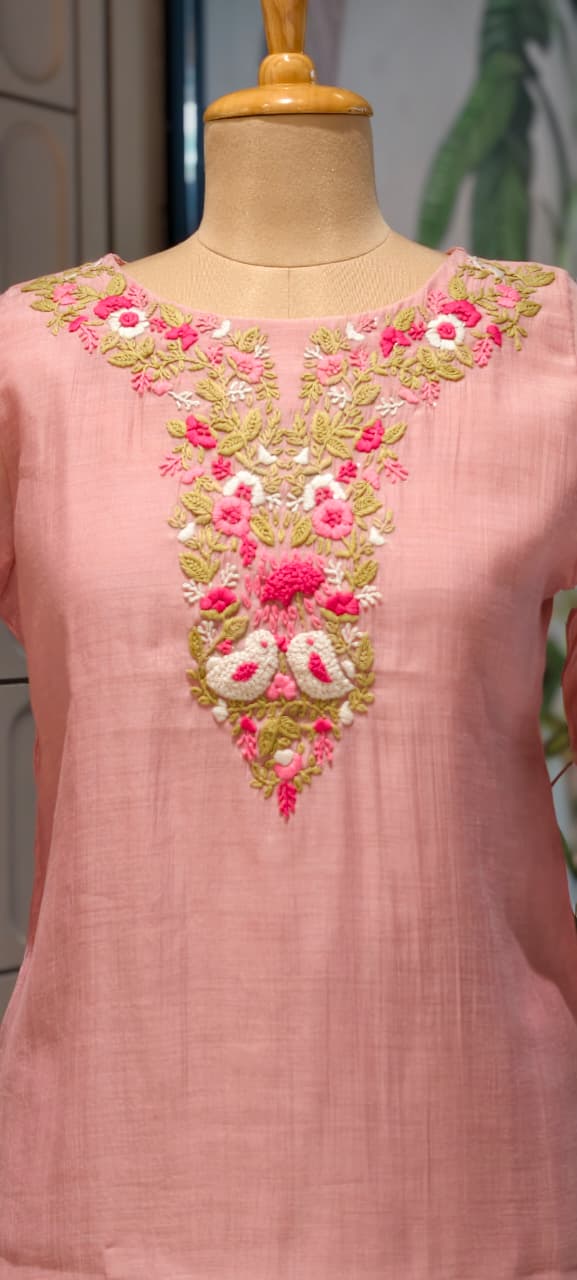 Blush Pink Embroidered Yoke Surat Mul-Chanderi Full Suit Set with Dupatta- 15382