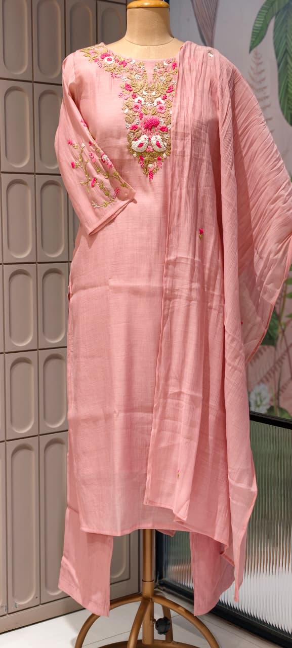 Blush Pink Embroidered Yoke Surat Mul-Chanderi Full Suit Set with Dupatta- 15382