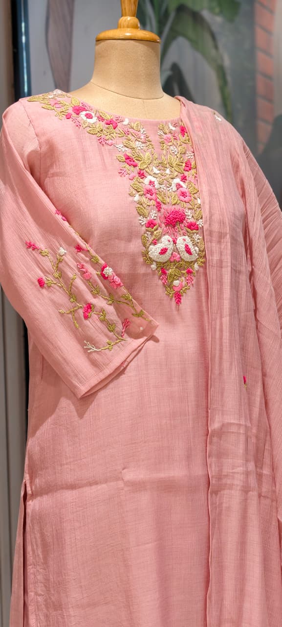 Blush Pink Embroidered Yoke Surat Mul-Chanderi Full Suit Set with Dupatta- 15382