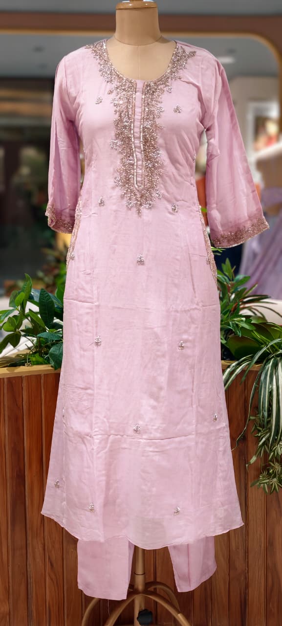 Pastel Intricate Hand-Embroidered Festive Wear Mul-Chanderi Fancy Full Suit Set With Dupatta- 15372
