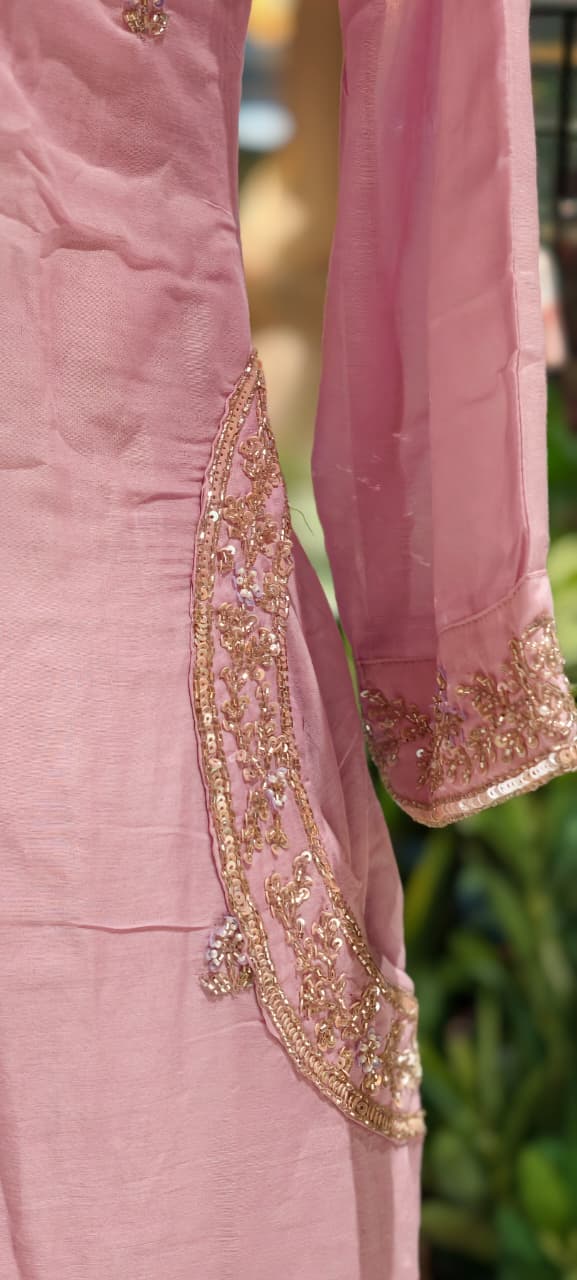 Pastel Intricate Hand-Embroidered Festive Wear Mul-Chanderi Fancy Full Suit Set With Dupatta- 15372