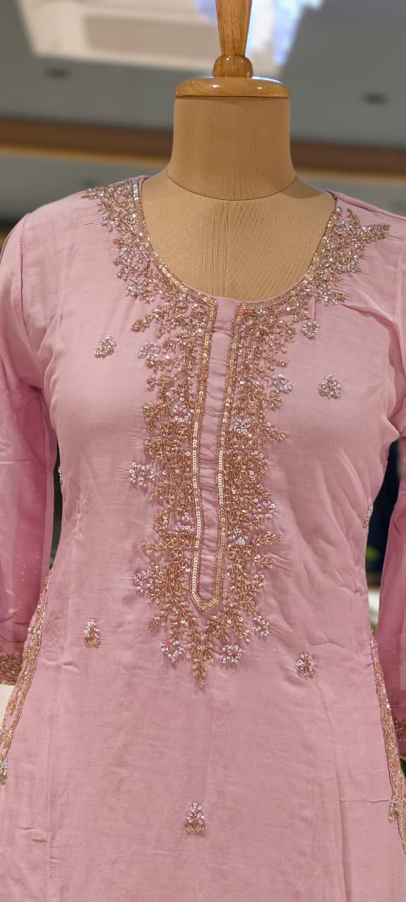 Pastel Intricate Hand-Embroidered Festive Wear Mul-Chanderi Fancy Full Suit Set With Dupatta- 15372
