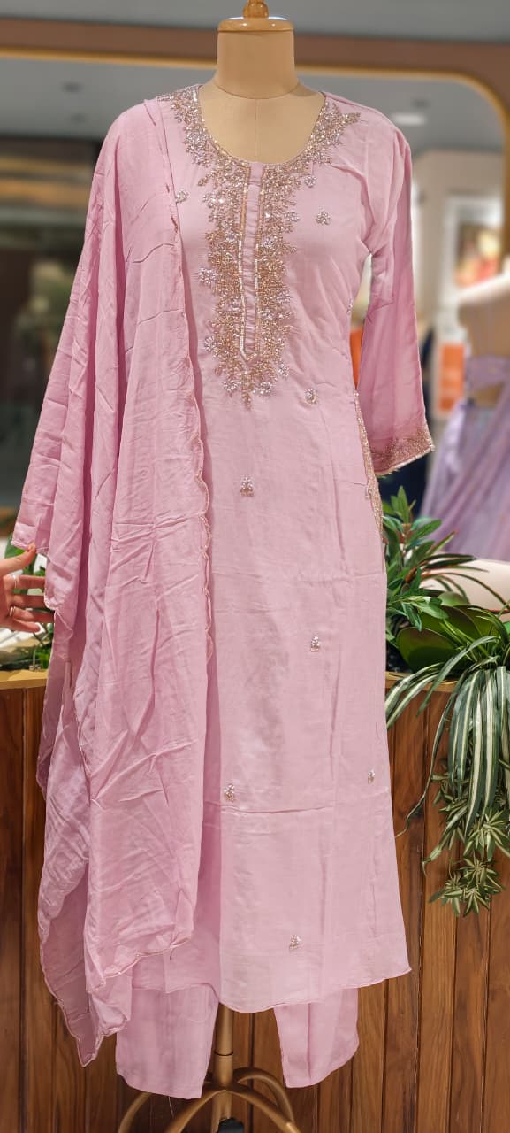 Pastel Intricate Hand-Embroidered Festive Wear Mul-Chanderi Fancy Full Suit Set With Dupatta- 15372