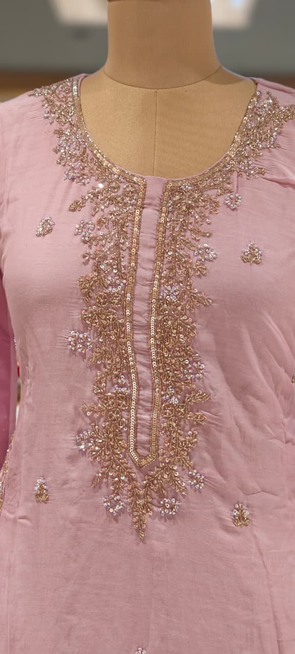 Pastel Intricate Hand-Embroidered Festive Wear Mul-Chanderi Fancy Full Suit Set With Dupatta- 15372