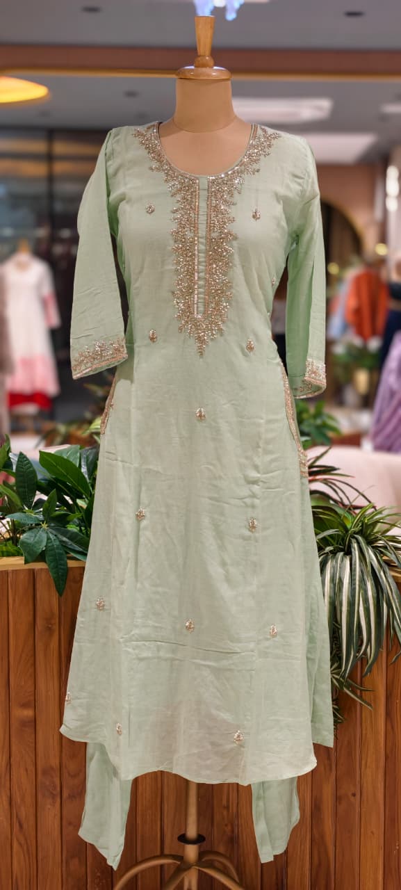 Pastel Intricate Hand-Embroidered Festive Wear Mul-Chanderi Fancy Full Suit Set With Dupatta- 15372