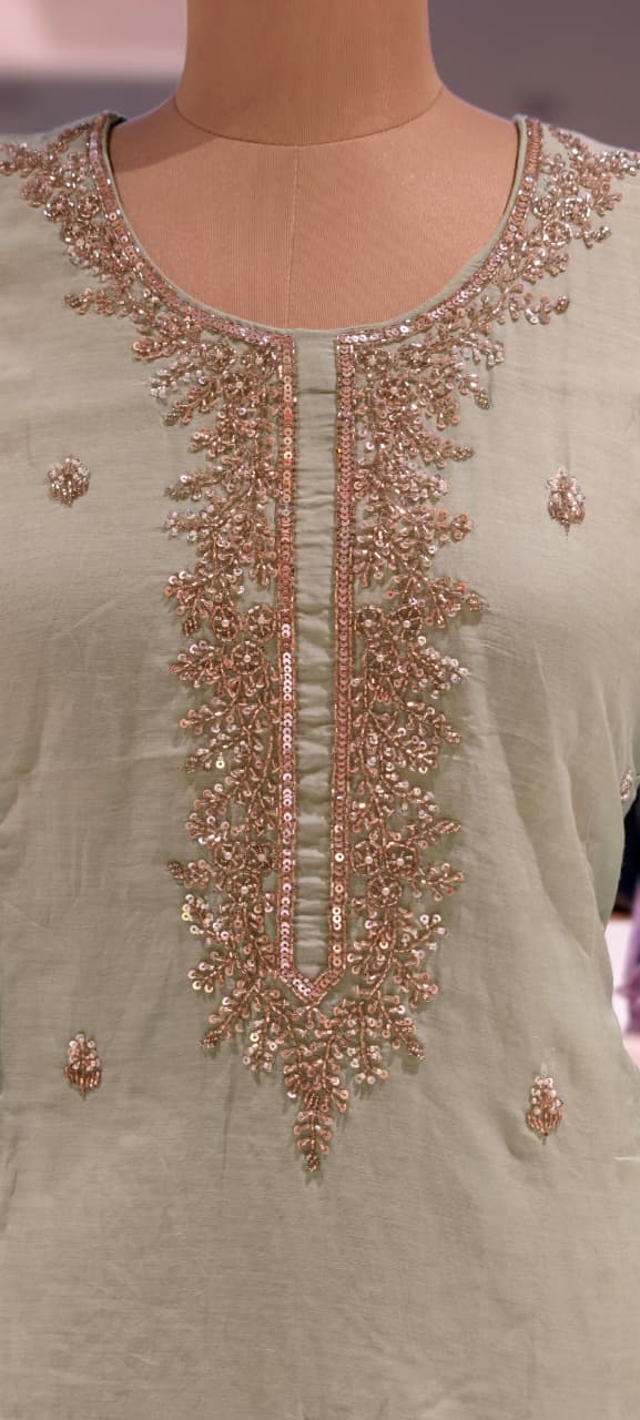 Pastel Intricate Hand-Embroidered Festive Wear Mul-Chanderi Fancy Full Suit Set With Dupatta- 15372