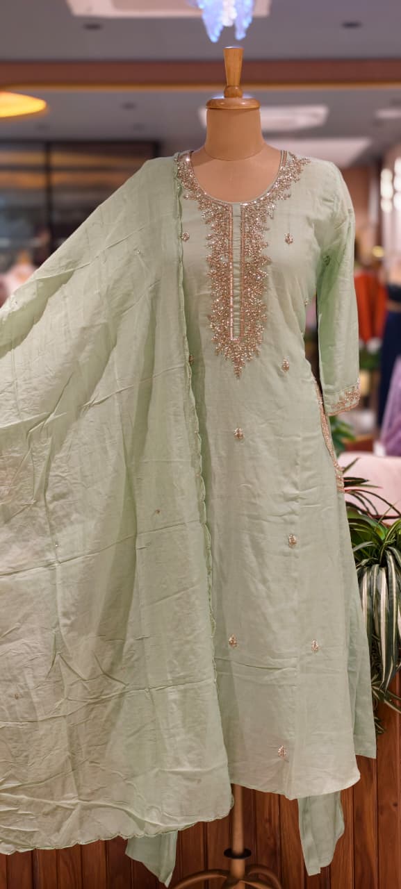 Pastel Intricate Hand-Embroidered Festive Wear Mul-Chanderi Fancy Full Suit Set With Dupatta- 15372