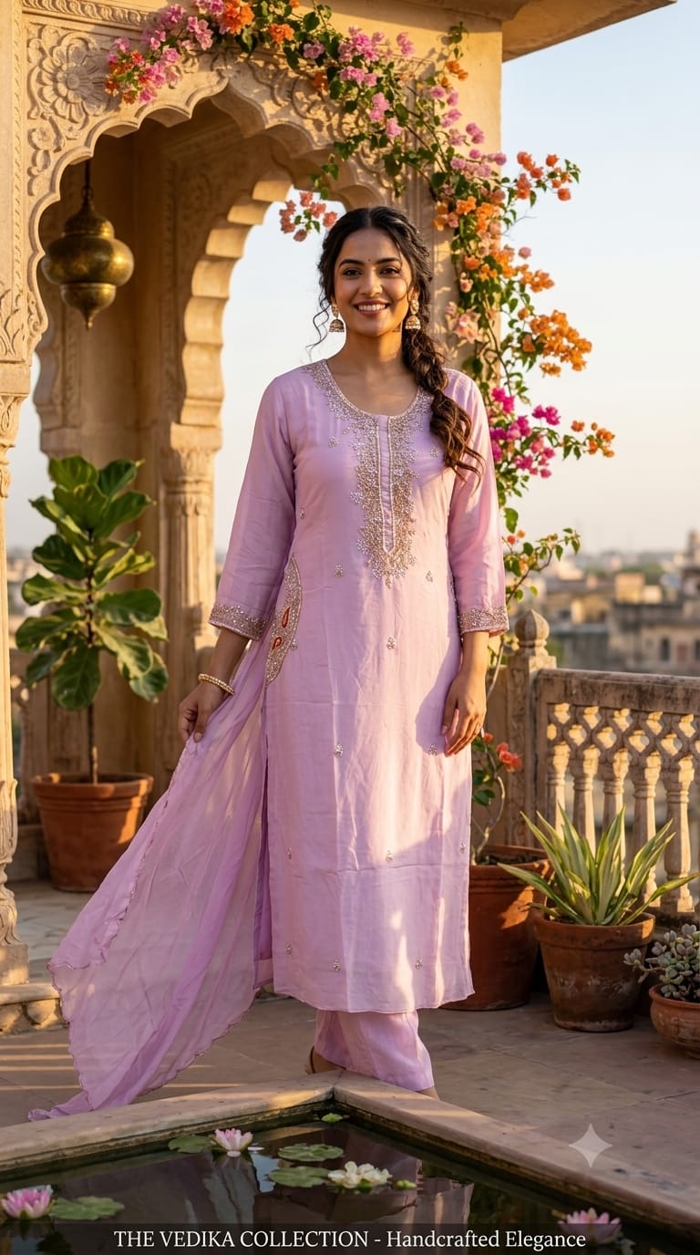 Pastel Intricate Hand-Embroidered Festive Wear Mul-Chanderi Fancy Full Suit Set With Dupatta- 15372