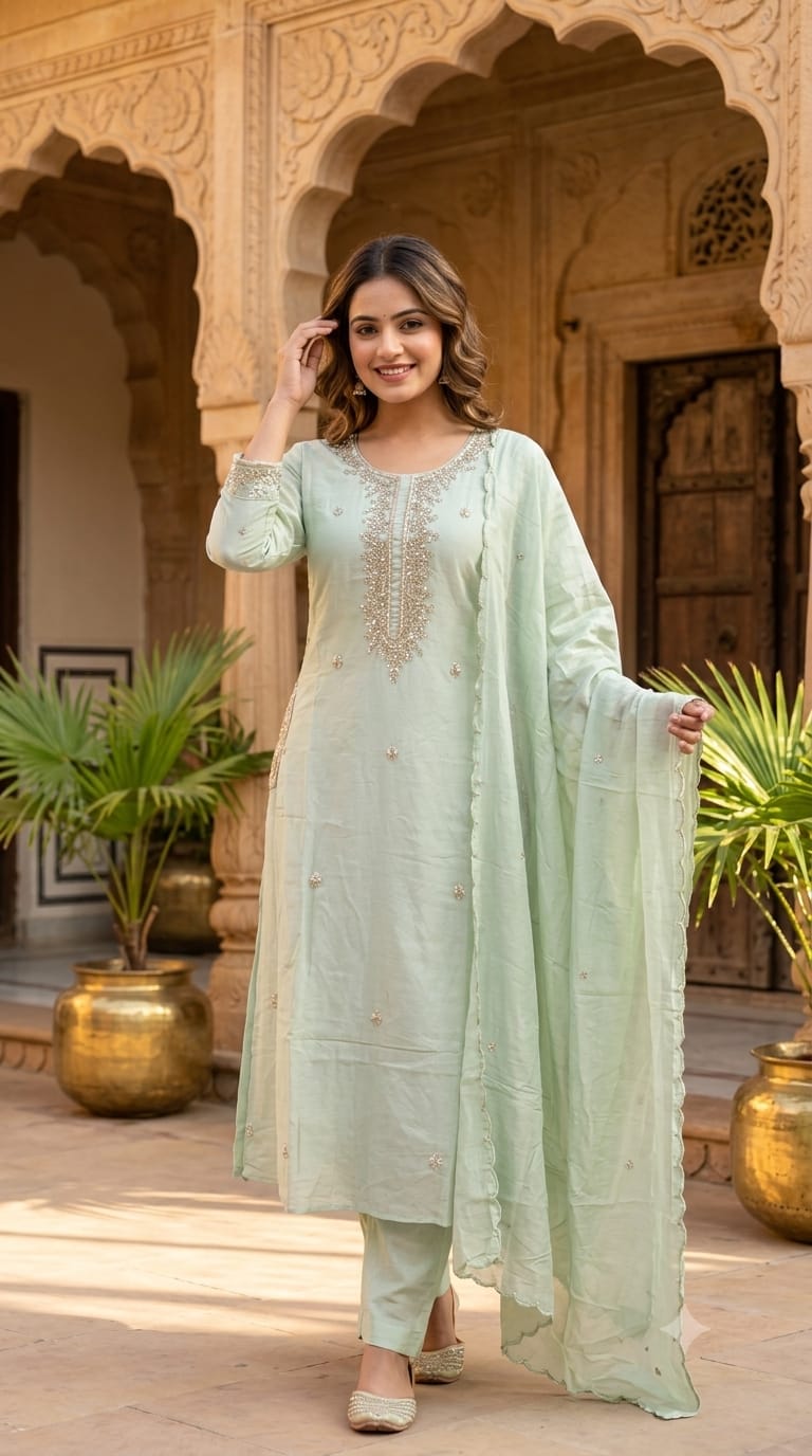 Pastel Intricate Hand-Embroidered Festive Wear Mul-Chanderi Fancy Full Suit Set With Dupatta- 15372