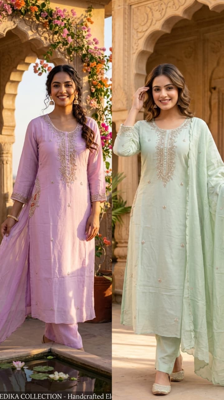 Pastel Intricate Hand-Embroidered Festive Wear Mul-Chanderi Fancy Full Suit Set With Dupatta- 15372