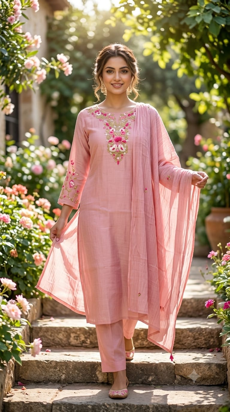 Blush Pink Embroidered Yoke Surat Mul-Chanderi Full Suit Set with Dupatta- 15382