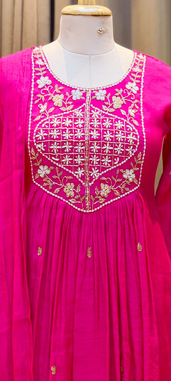 Tiny Pearl With Cut-Dana Embroidered Yoke Flared A-Line Crush Surat Mul-Chanderi Full Suit Set with Dupatta- 15422