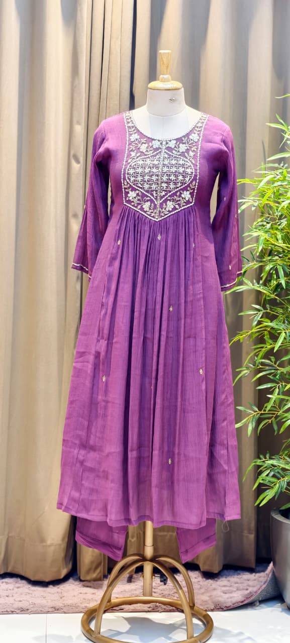 Tiny Pearl With Cut-Dana Embroidered Yoke Flared A-Line Crush Surat Mul-Chanderi Full Suit Set with Dupatta- 15422
