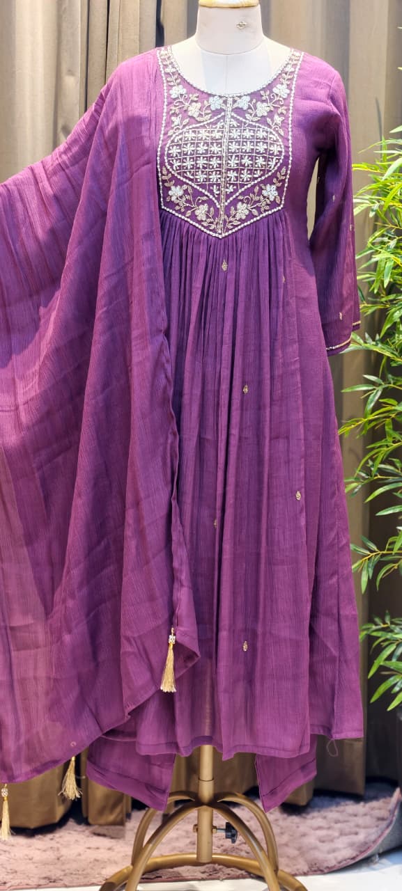 Tiny Pearl With Cut-Dana Embroidered Yoke Flared A-Line Crush Surat Mul-Chanderi Full Suit Set with Dupatta- 15422