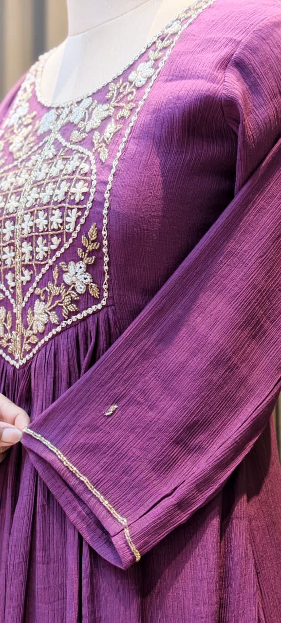 Tiny Pearl With Cut-Dana Embroidered Yoke Flared A-Line Crush Surat Mul-Chanderi Full Suit Set with Dupatta- 15422