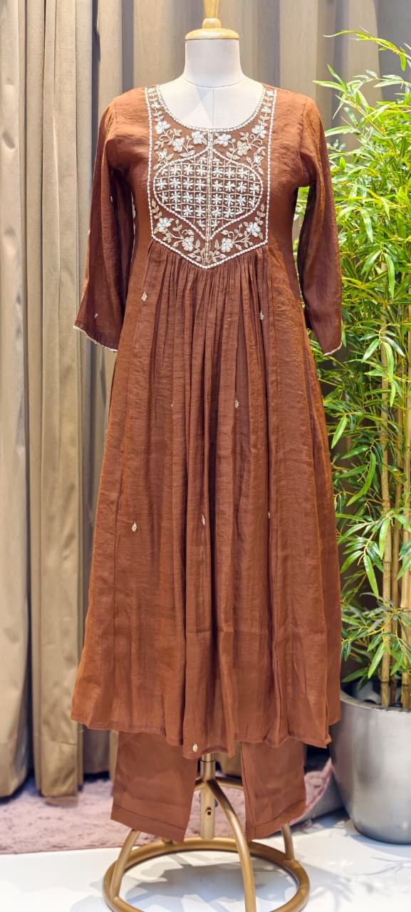 Tiny Pearl With Cut-Dana Embroidered Yoke Flared A-Line Crush Surat Mul-Chanderi Full Suit Set with Dupatta- 15422