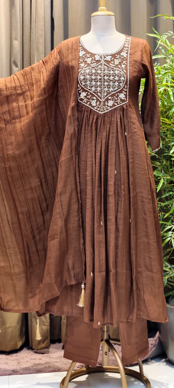 Tiny Pearl With Cut-Dana Embroidered Yoke Flared A-Line Crush Surat Mul-Chanderi Full Suit Set with Dupatta- 15422