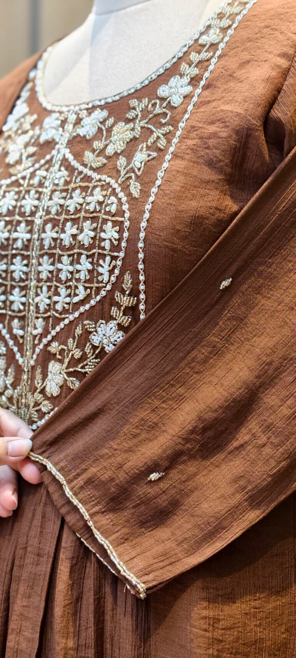 Tiny Pearl With Cut-Dana Embroidered Yoke Flared A-Line Crush Surat Mul-Chanderi Full Suit Set with Dupatta- 15422
