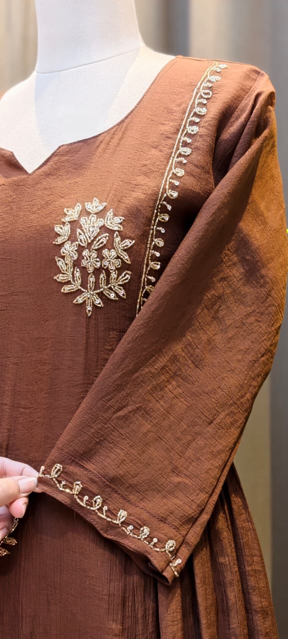 Crush Surat Mul-Chanderi Embroidered Side Pleated A-Line Full Suit Set with Dupatta- 15423