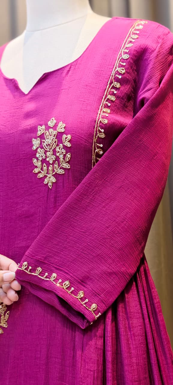 Crush Surat Mul-Chanderi Embroidered Side Pleated A-Line Full Suit Set with Dupatta- 15423