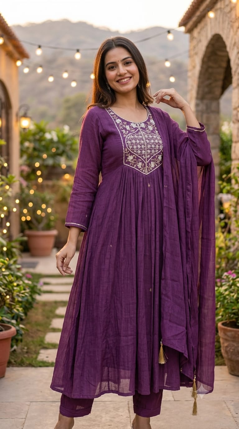 Tiny Pearl With Cut-Dana Embroidered Yoke Flared A-Line Crush Surat Mul-Chanderi Full Suit Set with Dupatta- 15422