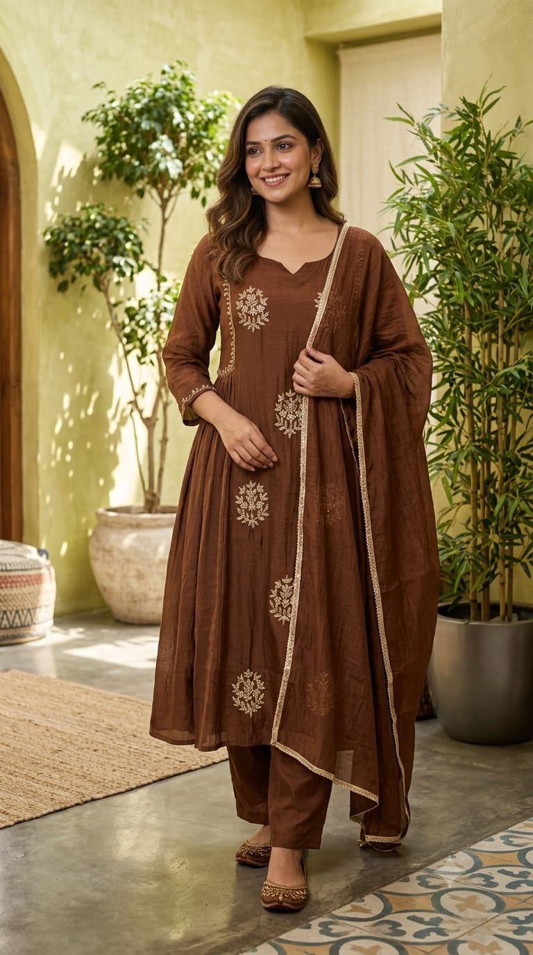 Crush Surat Mul-Chanderi Embroidered Side Pleated A-Line Full Suit Set with Dupatta- 15423