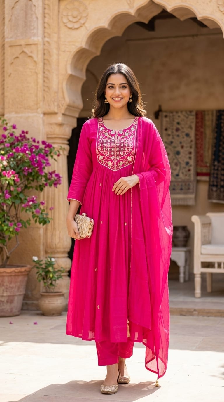 Tiny Pearl With Cut-Dana Embroidered Yoke Flared A-Line Crush Surat Mul-Chanderi Full Suit Set with Dupatta- 15422
