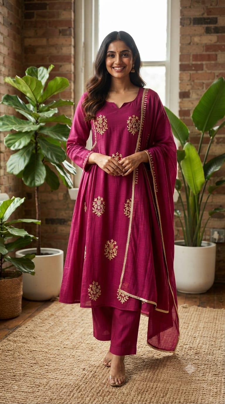 Crush Surat Mul-Chanderi Embroidered Side Pleated A-Line Full Suit Set with Dupatta- 15423