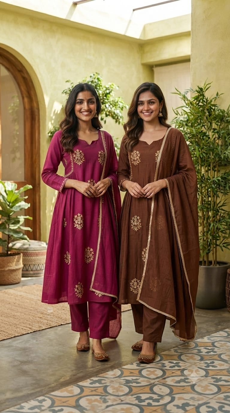 Crush Surat Mul-Chanderi Embroidered Side Pleated A-Line Full Suit Set with Dupatta- 15423