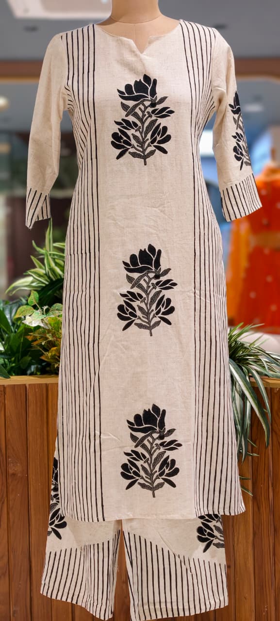 Leafy Placement Print Striped Flex Cotton Full Suit Set With Kota Doria Dupatta- 15388