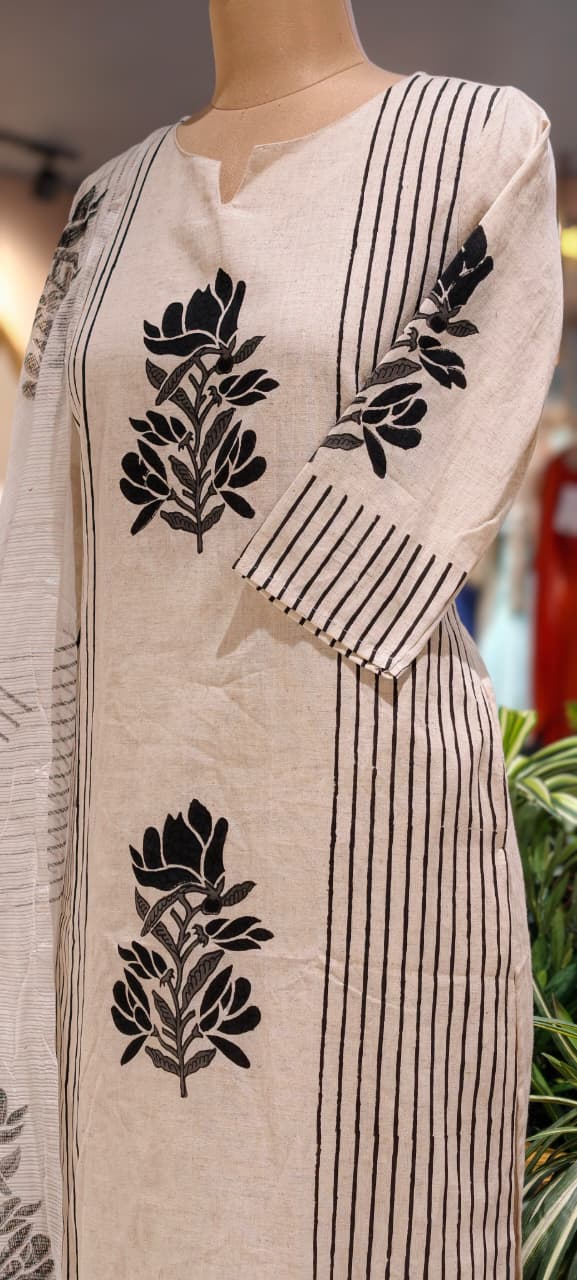 Leafy Placement Print Striped Flex Cotton Full Suit Set With Kota Doria Dupatta- 15388