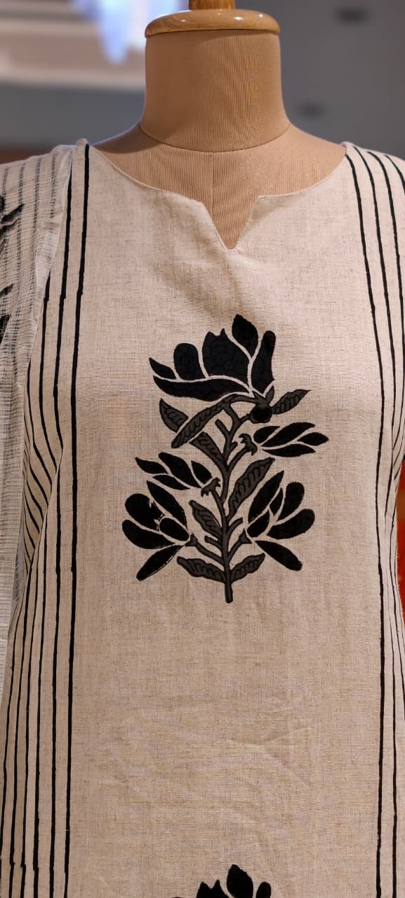 Leafy Placement Print Striped Flex Cotton Full Suit Set With Kota Doria Dupatta- 15388