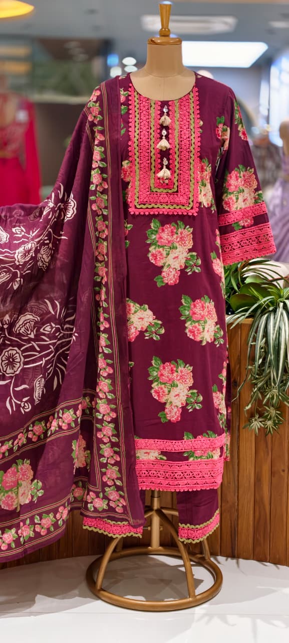 Crosia Lace Detailing Floral Printed Cotton Full Suit Set With Dupatta- 15262