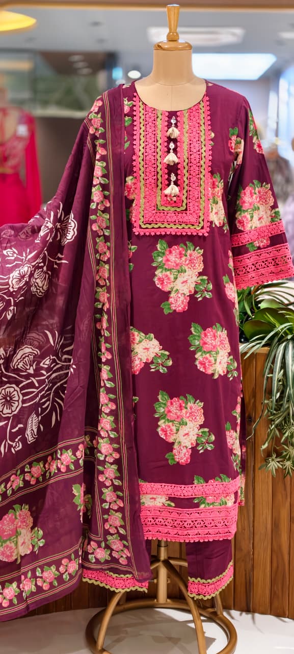 Crosia Lace Detailing Floral Printed Cotton Full Suit Set With Dupatta- 15262