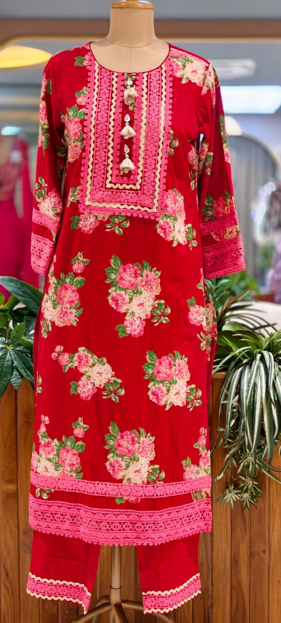 Crosia Lace Detailing Floral Printed Cotton Full Suit Set With Dupatta- 15262