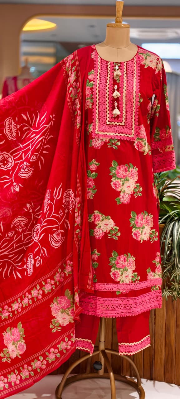Crosia Lace Detailing Floral Printed Cotton Full Suit Set With Dupatta- 15262