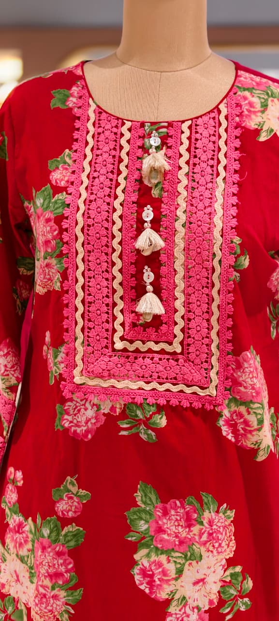Crosia Lace Detailing Floral Printed Cotton Full Suit Set With Dupatta- 15262