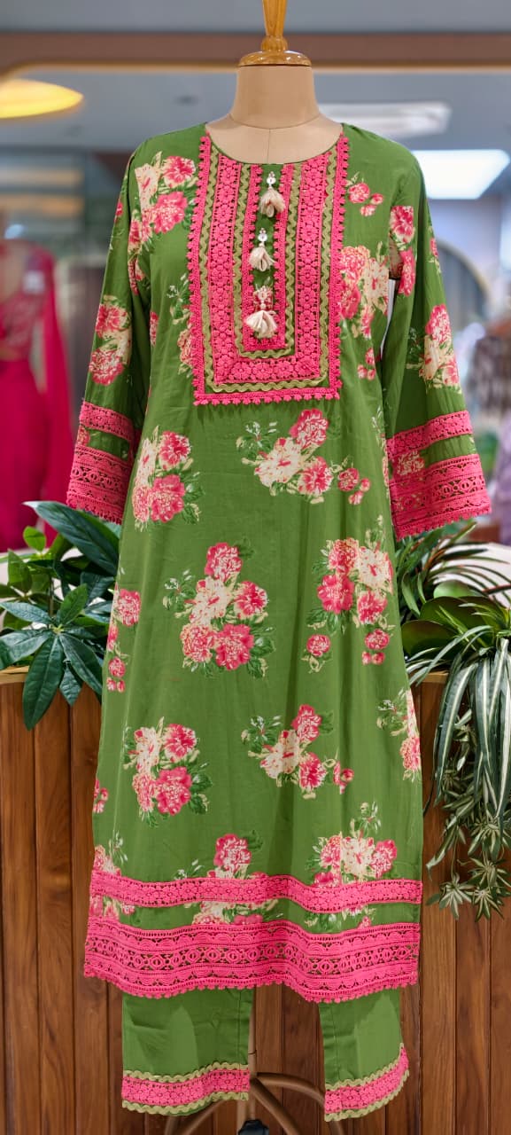 Crosia Lace Detailing Floral Printed Cotton Full Suit Set With Dupatta- 15262