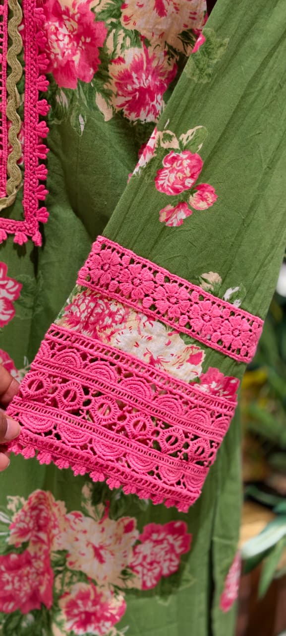 Crosia Lace Detailing Floral Printed Cotton Full Suit Set With Dupatta- 15262