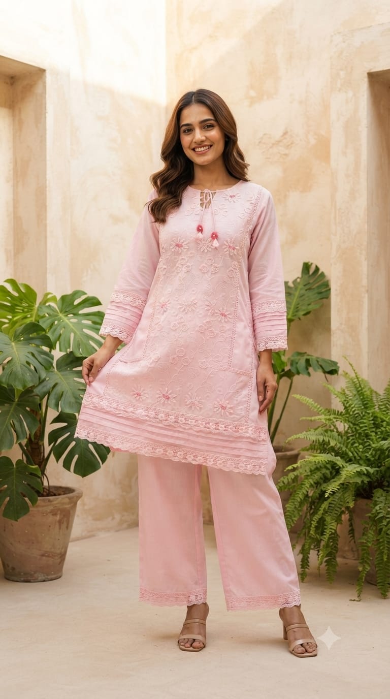Ivory Blossom Hacoba Thread Embroidery With Lace Detailing Cotton Co-Ord Set- 15304