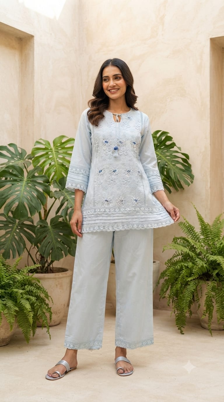 Ivory Blossom Hacoba Thread Embroidery With Lace Detailing Cotton Co-Ord Set- 15304