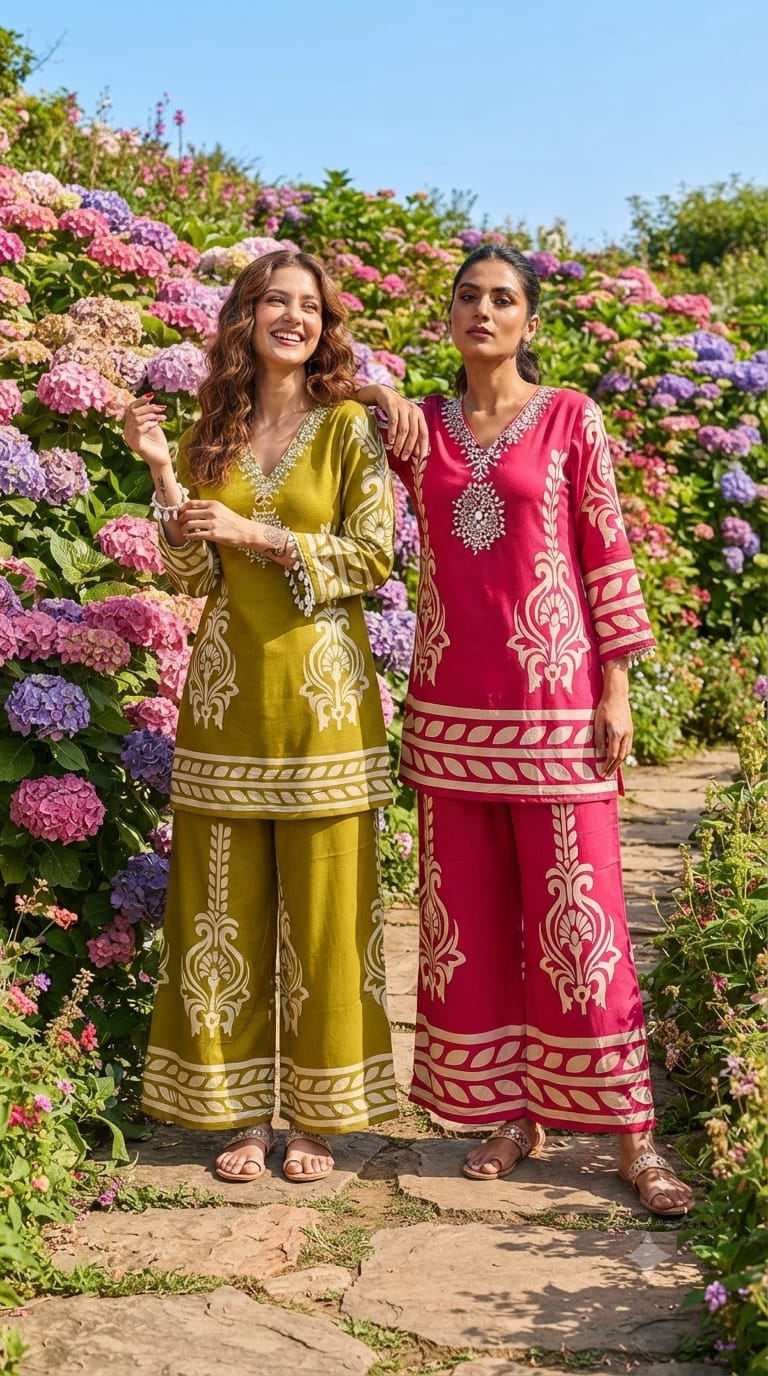 Chevron Printed Mirror Thread Embroidered Neckline Casual Wear Co-Ord Set- 15355