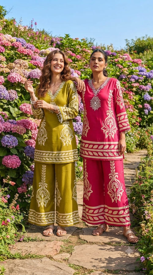 Chevron Printed Mirror Thread Embroidered Neckline Casual Wear Co-Ord Set- 15355