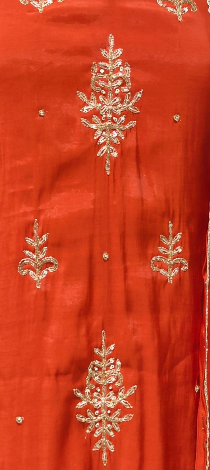 Vibrant Orange Elegant Cut-Dana Embroidered Surat Mul-Chanderi A-Line Full Suit Set With Dupatta- 15162