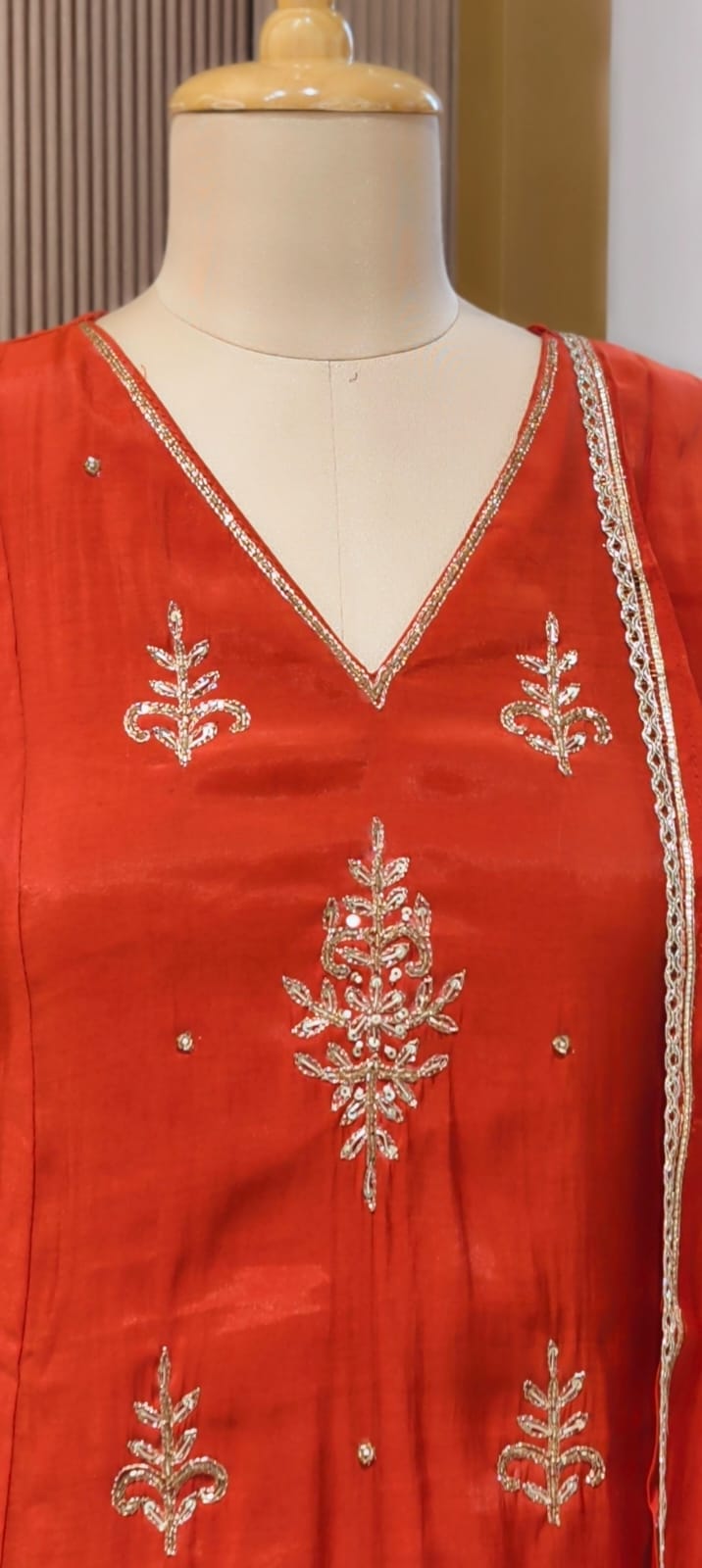 Vibrant Orange Elegant Cut-Dana Embroidered Surat Mul-Chanderi A-Line Full Suit Set With Dupatta- 15162