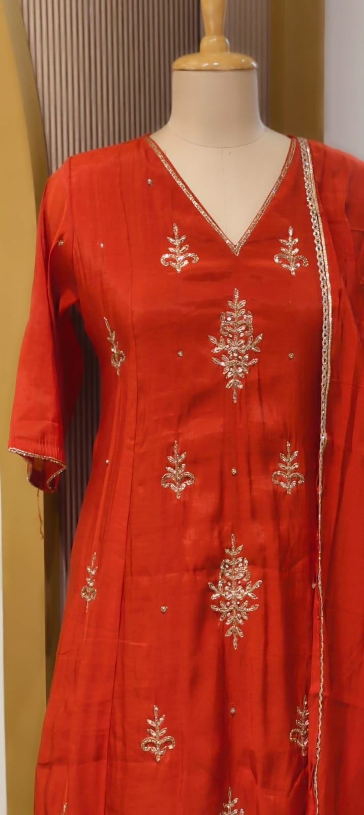 Vibrant Orange Elegant Cut-Dana Embroidered Surat Mul-Chanderi A-Line Full Suit Set With Dupatta- 15162