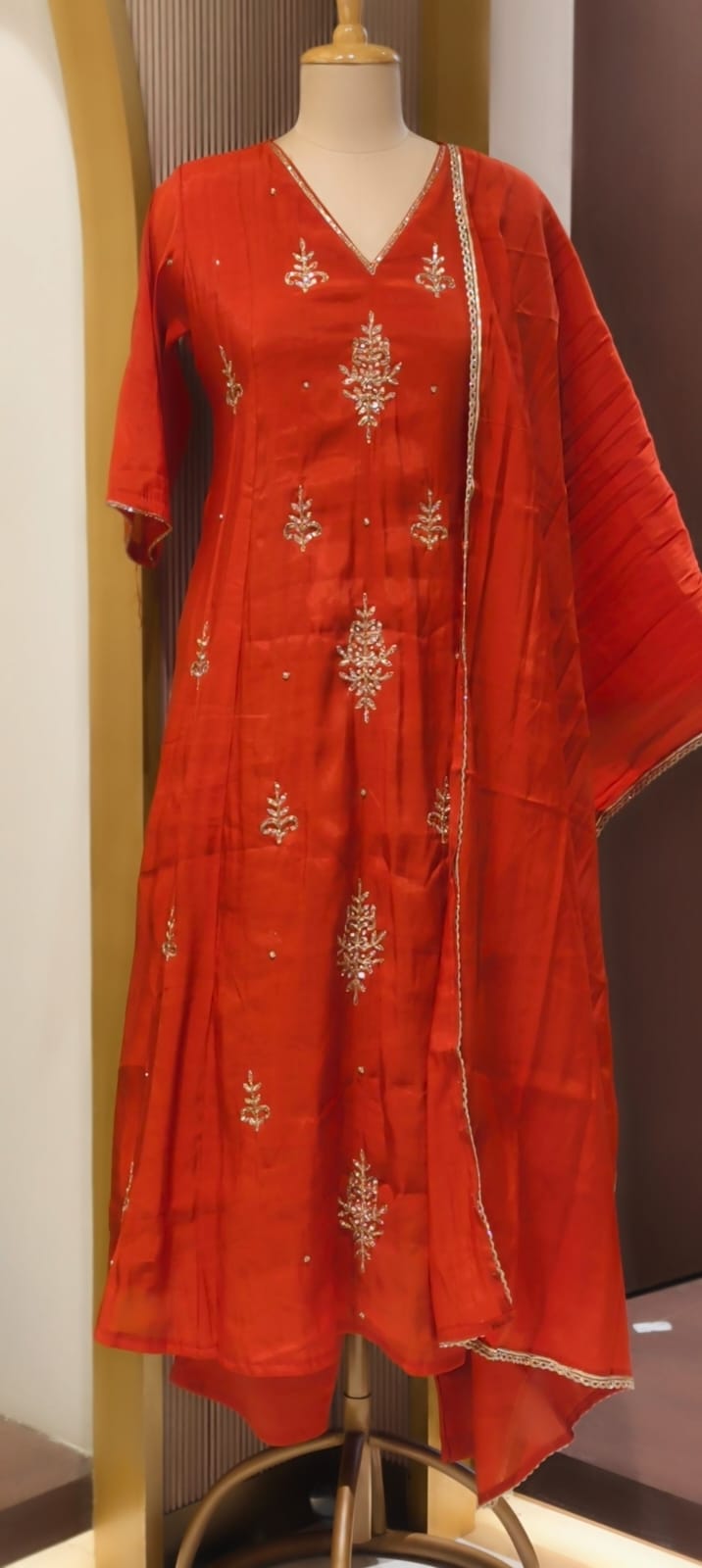 Vibrant Orange Elegant Cut-Dana Embroidered Surat Mul-Chanderi A-Line Full Suit Set With Dupatta- 15162