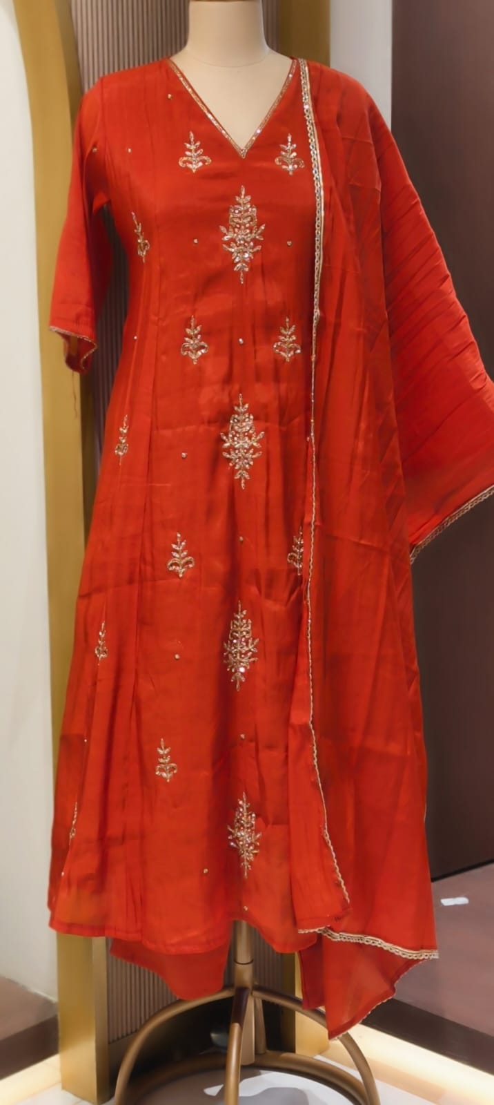 Vibrant Orange Elegant Cut-Dana Embroidered Surat Mul-Chanderi A-Line Full Suit Set With Dupatta- 15162