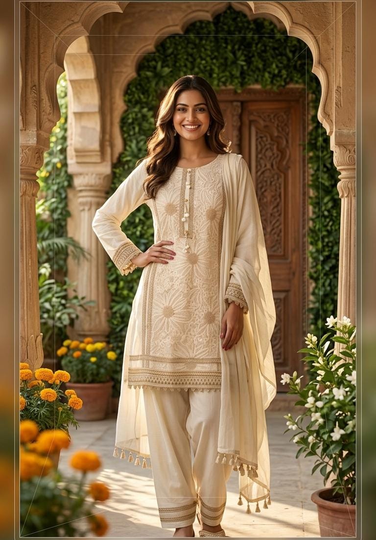 Ivory Floral Cutwork Embroidered 3-Piece Full Suit Set with Seashell Accents -14898